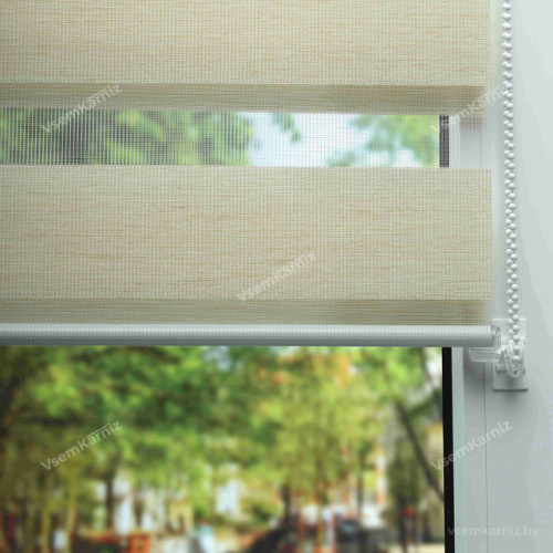 Рулонная штора LmDecor День-Ночь «Фьюжн 01» светло-бежевая UNI 2 в алюминиевом коробе с направляющими